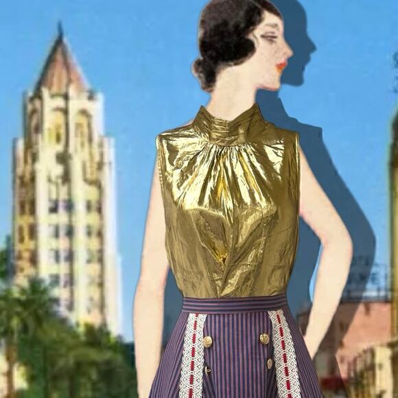 Lloyd Williams Tops - Vintage 1990s Lloyd Williams Liquid Gold Lamé Metallic Victorian Blouse Size L